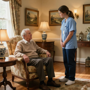 Caregiver in blue scrubs speaking with an elderly man seated in a living room