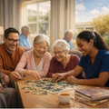 Friends smiling and assembling a jigsaw puzzle around a table in a bright living room