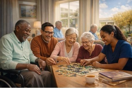 Friends smiling and assembling a jigsaw puzzle around a table in a bright living room
