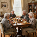 Four seniors sharing a meal around a wooden table in a cozy dining room with a window and china cabinet