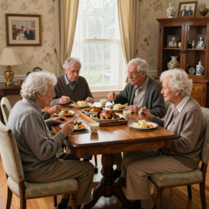 Four seniors sharing a meal around a wooden table in a cozy dining room with a window and china cabinet