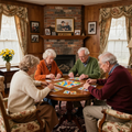 Four people play a board game around a wooden table in a cozy living room with a fireplace.