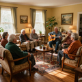 Small group gathered in a cozy living room, one man playing guitar while others sit and listen.