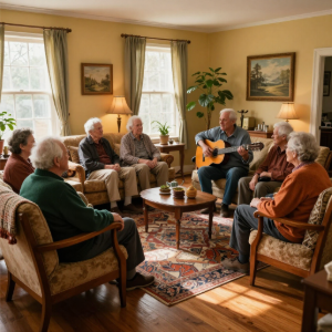 Small group gathered in a cozy living room, one man playing guitar while others sit and listen.