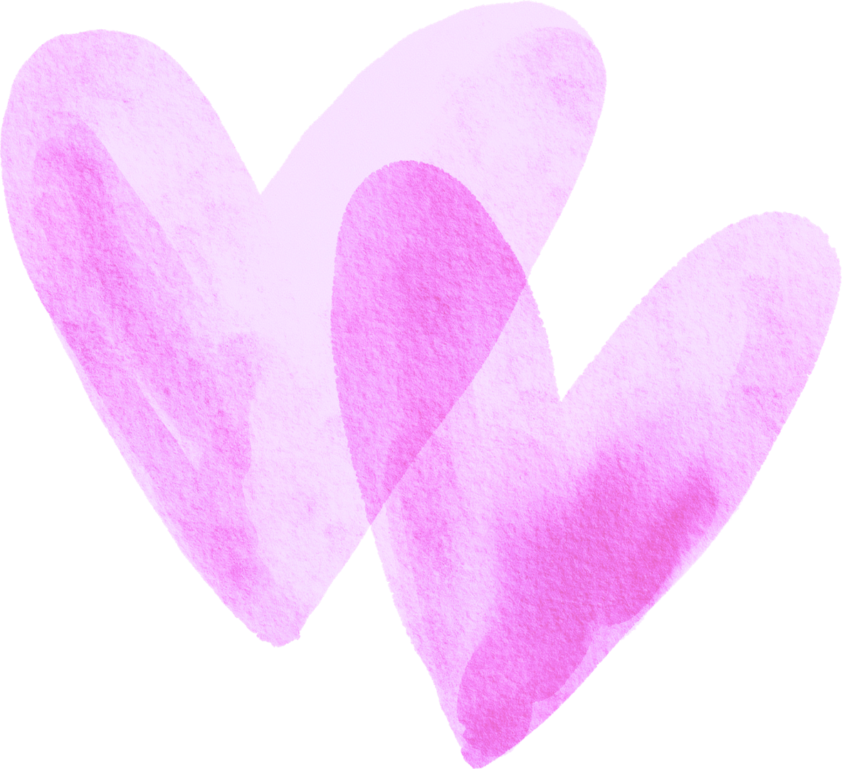 Three overlapping pink watercolor hearts on a white background