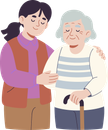 Two people standing together, one gently supporting the other with a cane, both smiling softly.