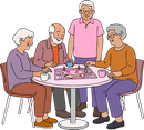 Four people sit around a pink table playing a board game, smiling and chatting.