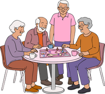 Four people sit around a pink table playing a board game, smiling and chatting.