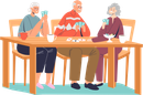 Three people sit at a table with mugs, chatting in a cozy room