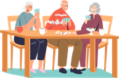 Three people sit at a dining table, talking over tea and cards in a cozy room.
