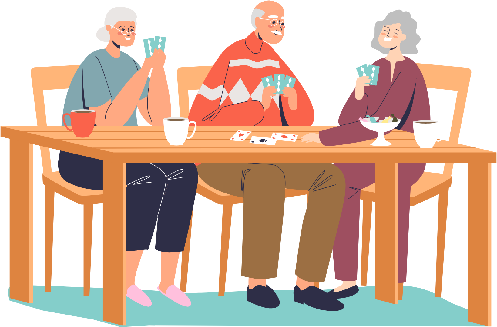 Three people sit at a dining table, talking over tea and cards in a cozy room.