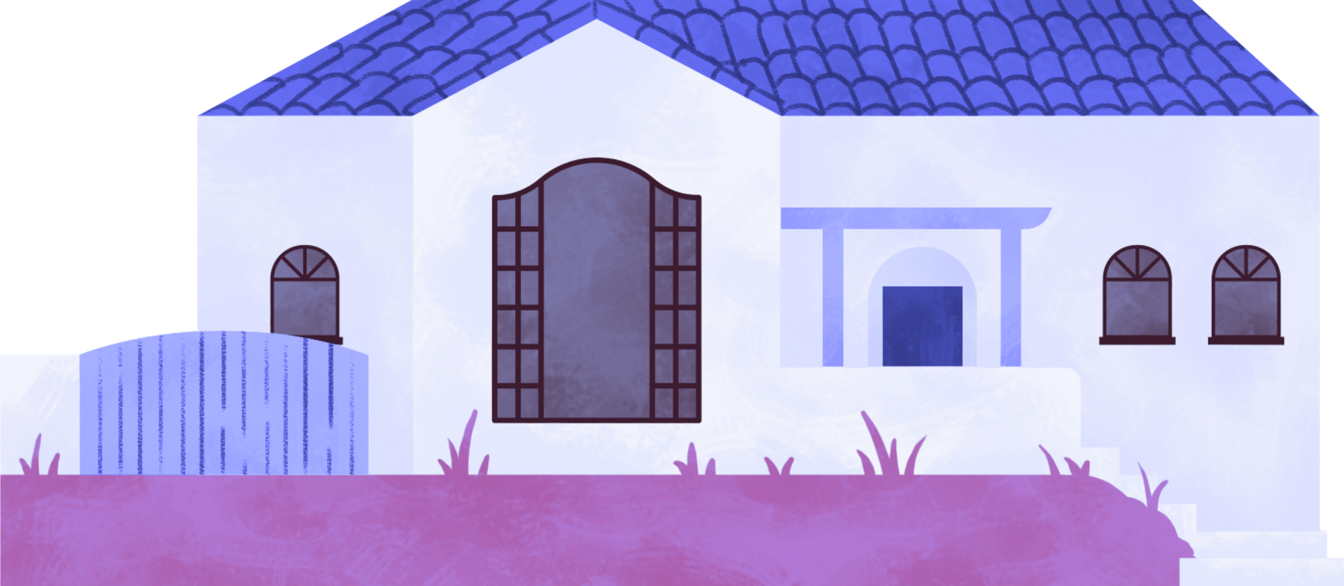 White house with a blue roof, arched windows, and a pink lawn in front