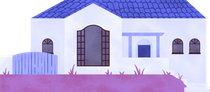 White house with blue roof, arched windows and front steps behind a pink lawn and fence.