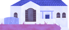 White house with a blue roof, arched windows, and a pink lawn in front
