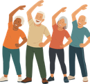 Four people standing side by side, stretching one arm overhead in a coordinated pose, wearing colorful casual clothes.