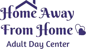 Home Away From Home Adult Day Center logo in purple with a house roof and heart icon