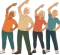 Four people standing and stretching with one arm raised, wearing colorful casual clothes.