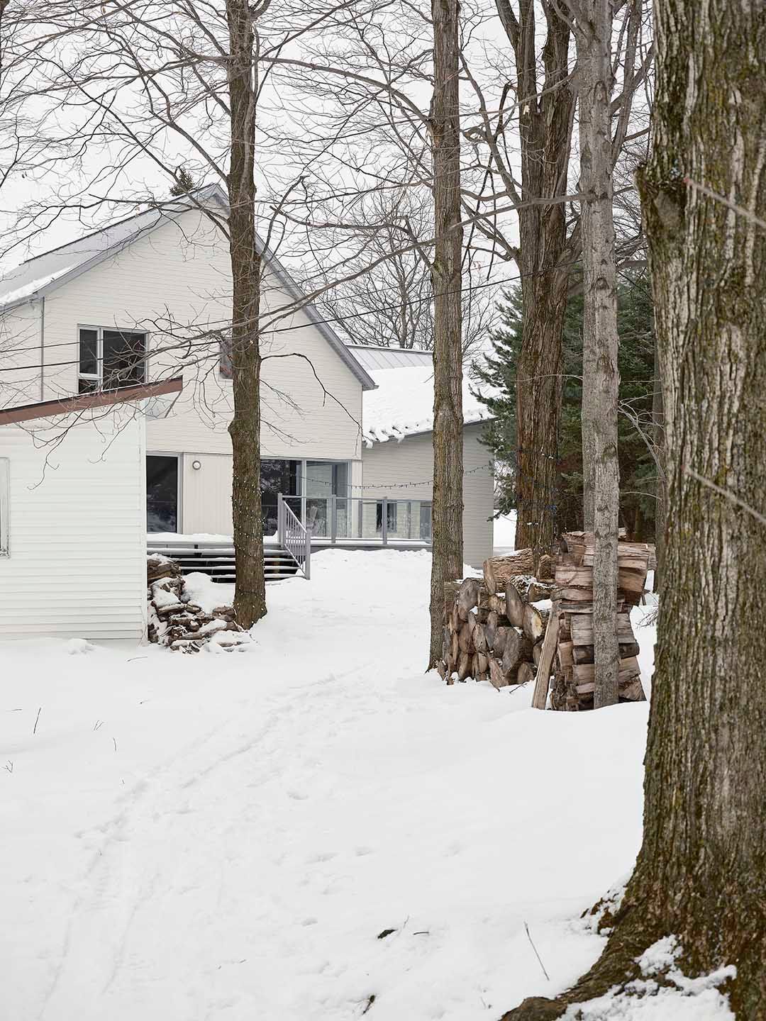 Maison blanche nichée dans une cour boisée et enneigée, avec du bois de chauffage empilé à proximité.