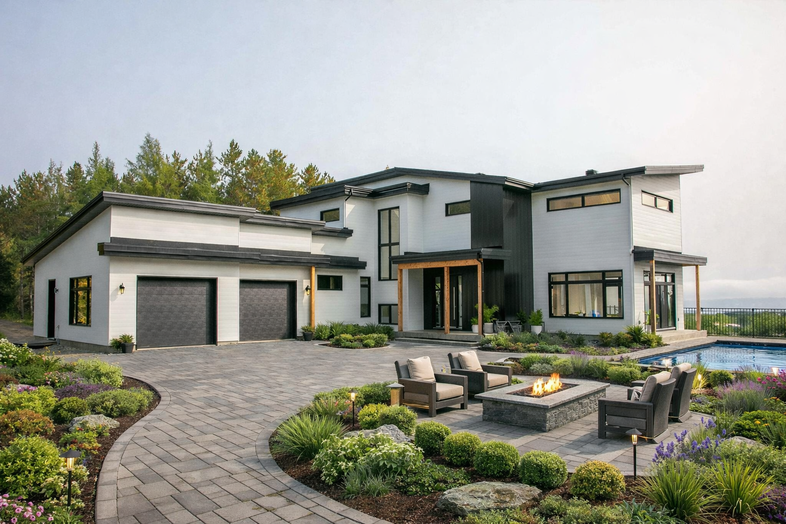 Une maison moderne blanche à plusieurs niveaux avec une allée pavée, un garage double et une terrasse avec un foyer et une piscine.