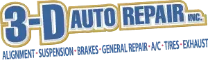 3-D Auto Repair Inc. sign with blue and red text listing alignment, suspension, brakes, general repair, AC, tires, exhaust