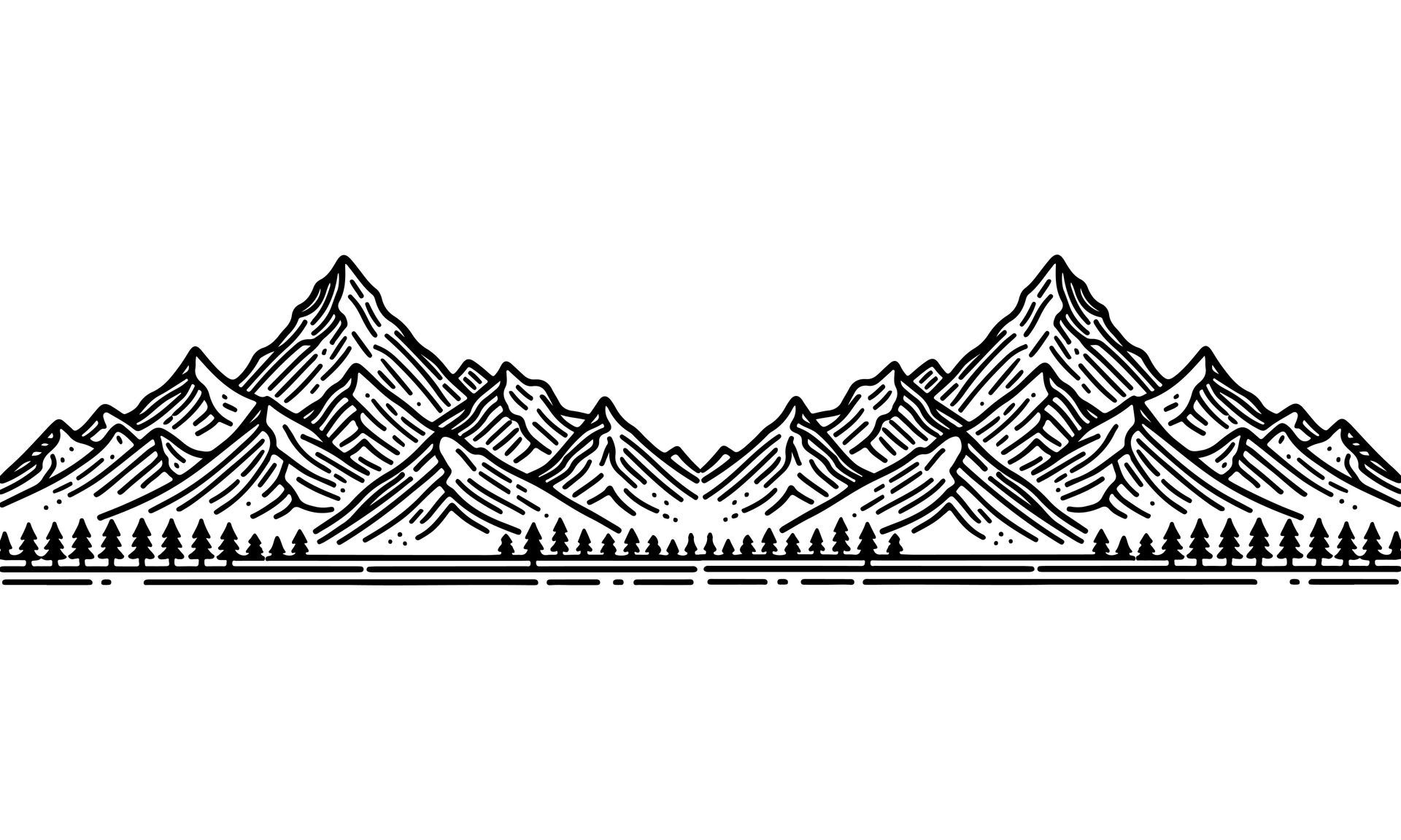A black and white drawing of a mountain range with trees in the foreground.