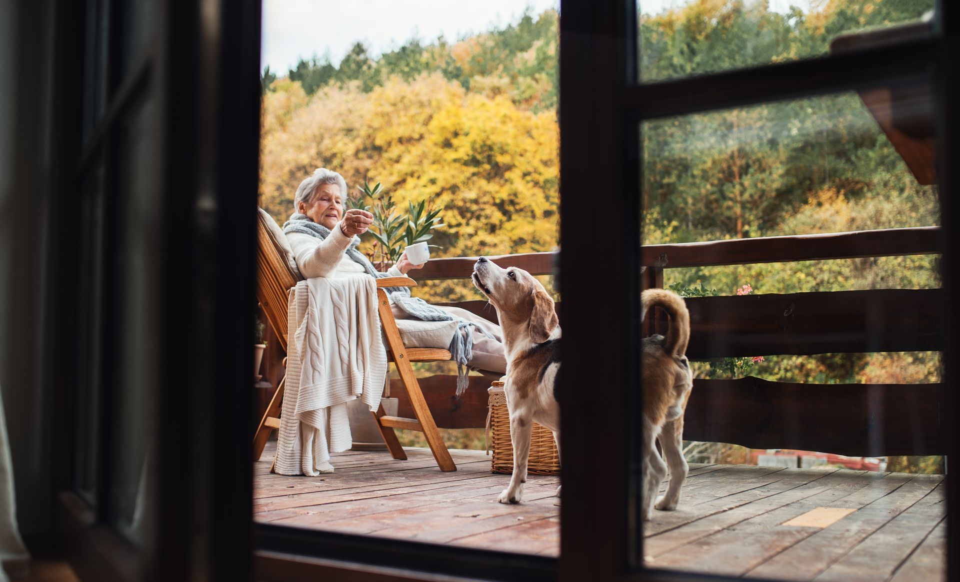 An elderly woman is sitting on a balcony with a dog.