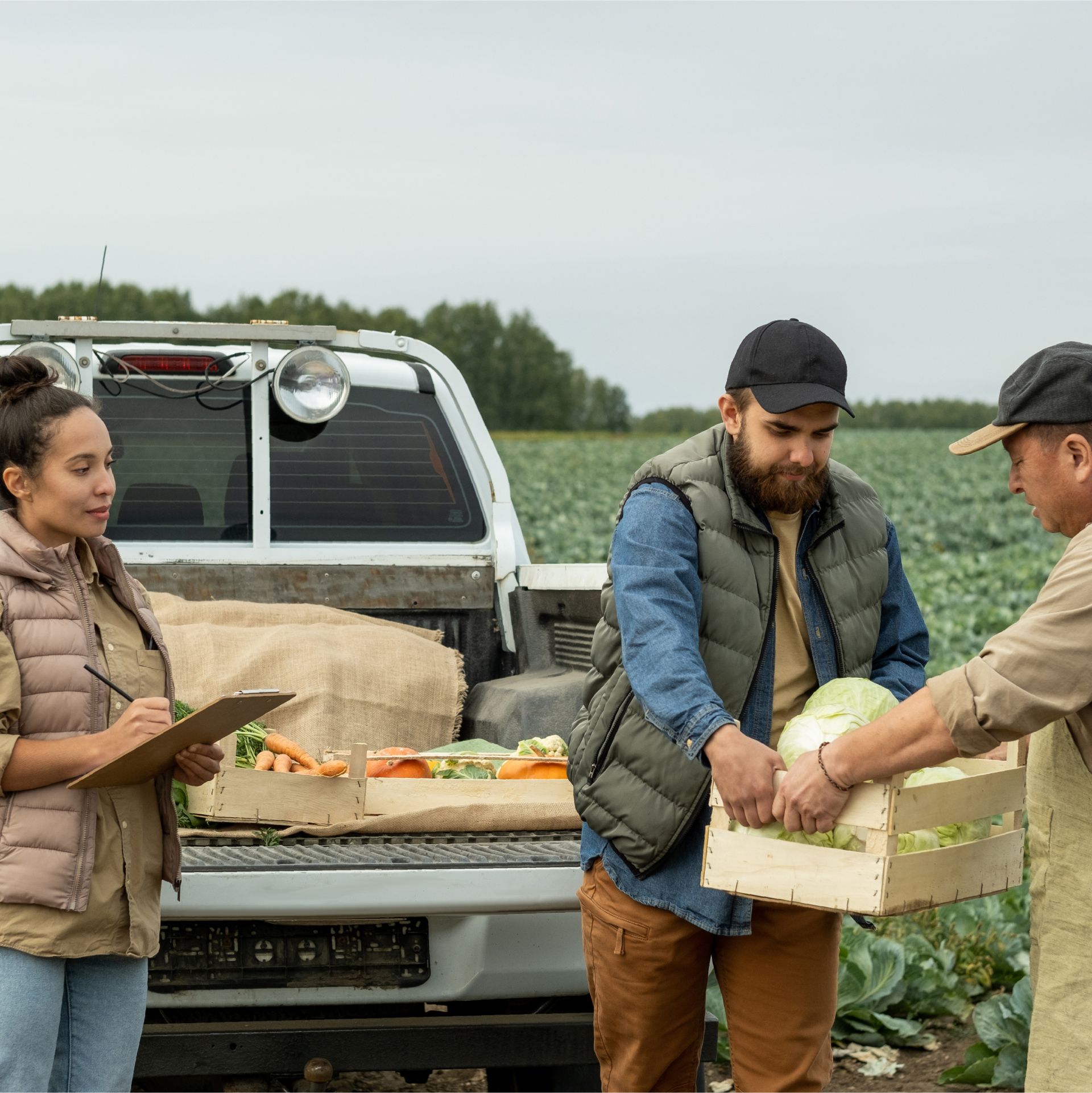 A group of people are standing in front of a truck holding boxes of vegetables.