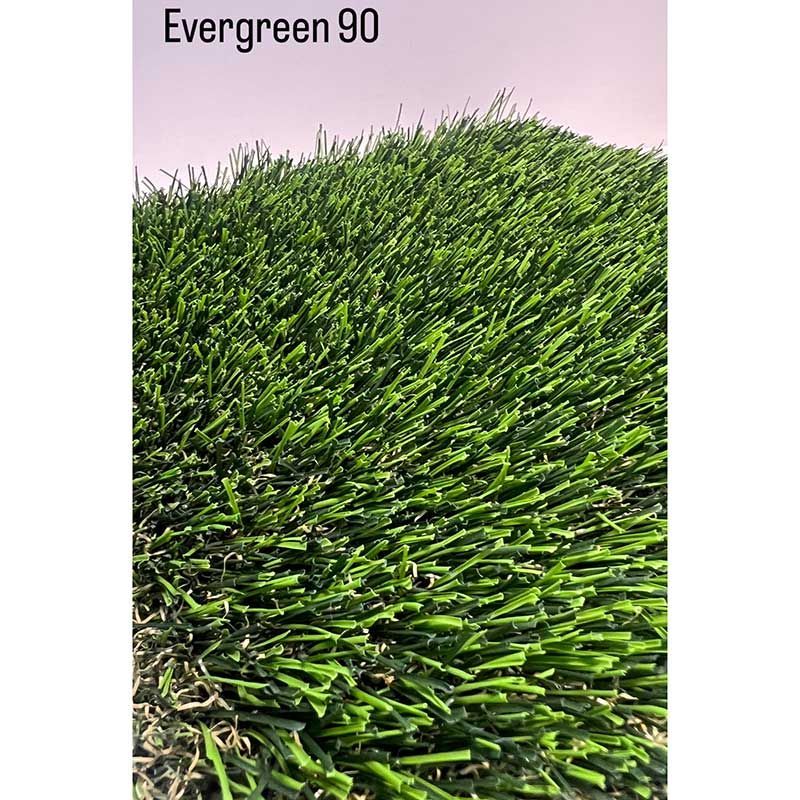 Primer plano de césped verde y tupido con la etiqueta «Evergreen 90» en la parte superior.