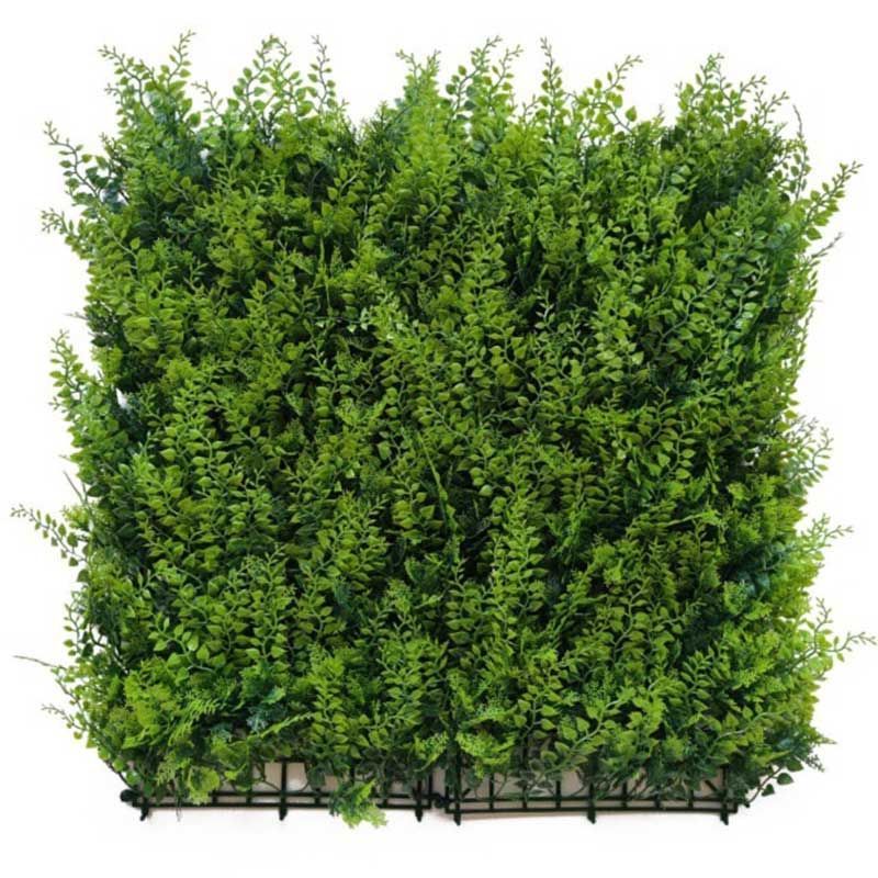 Seto verde y frondoso sobre una estructura metálica negra, visto de frente.
