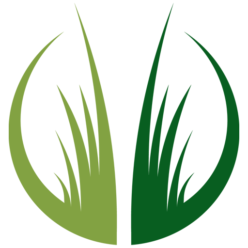 Logotipo circular con forma de hoja verde, dividido en mitades verde claro y verde oscuro, con hojas similares a briznas de hierba en su interior