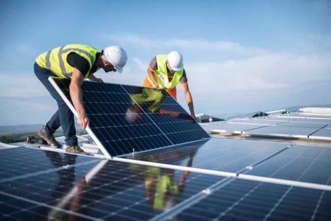 Dos hombres están instalando paneles solares en el tejado de un edificio.