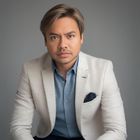 Man with light brown hair wearing a white blazer, blue shirt, and pocket square, seated in front of a grey backdrop.