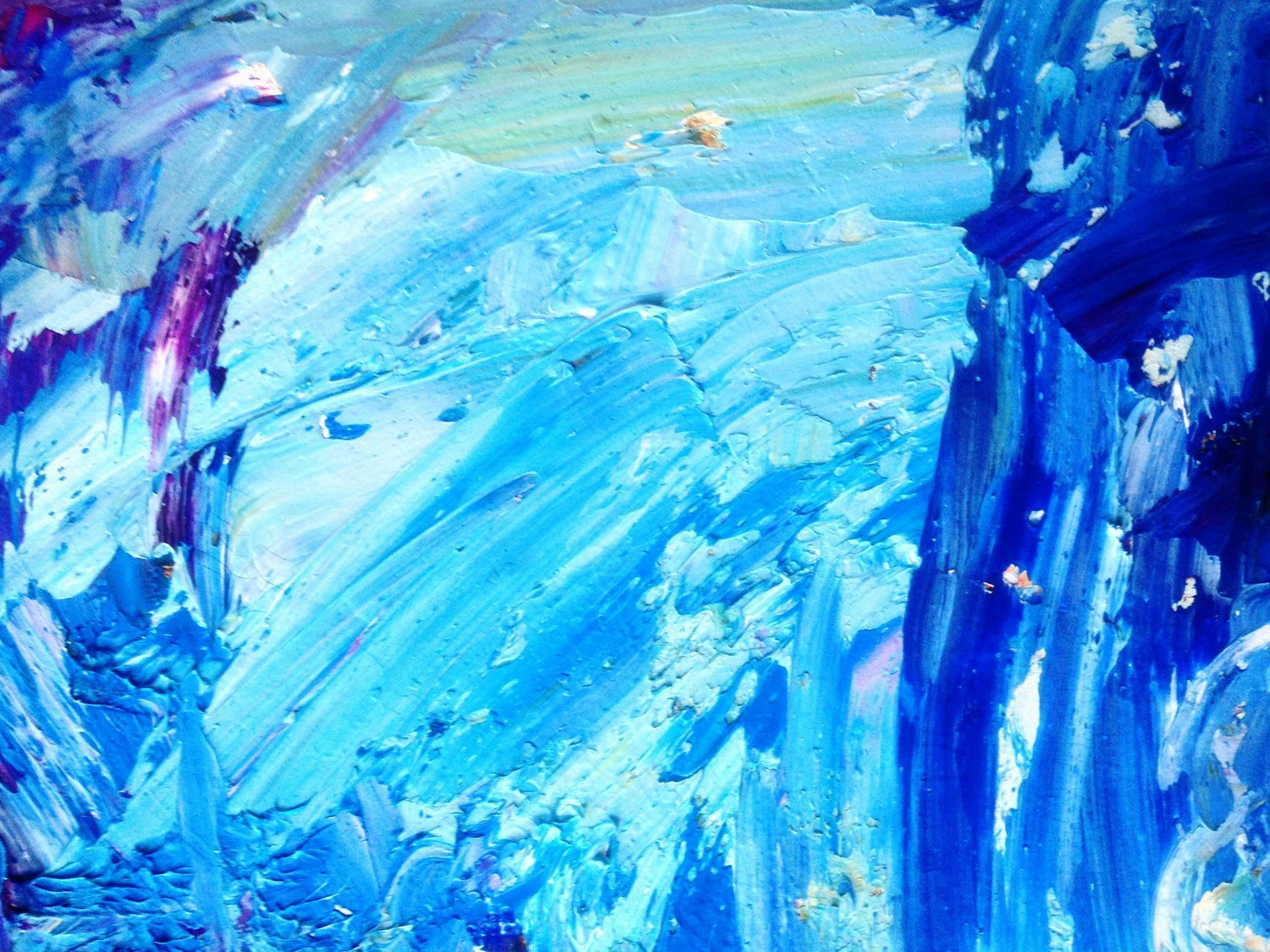 Abstract oil painting with thick, textured brushstrokes in various shades of blue, light turquoise, and accents of purple.