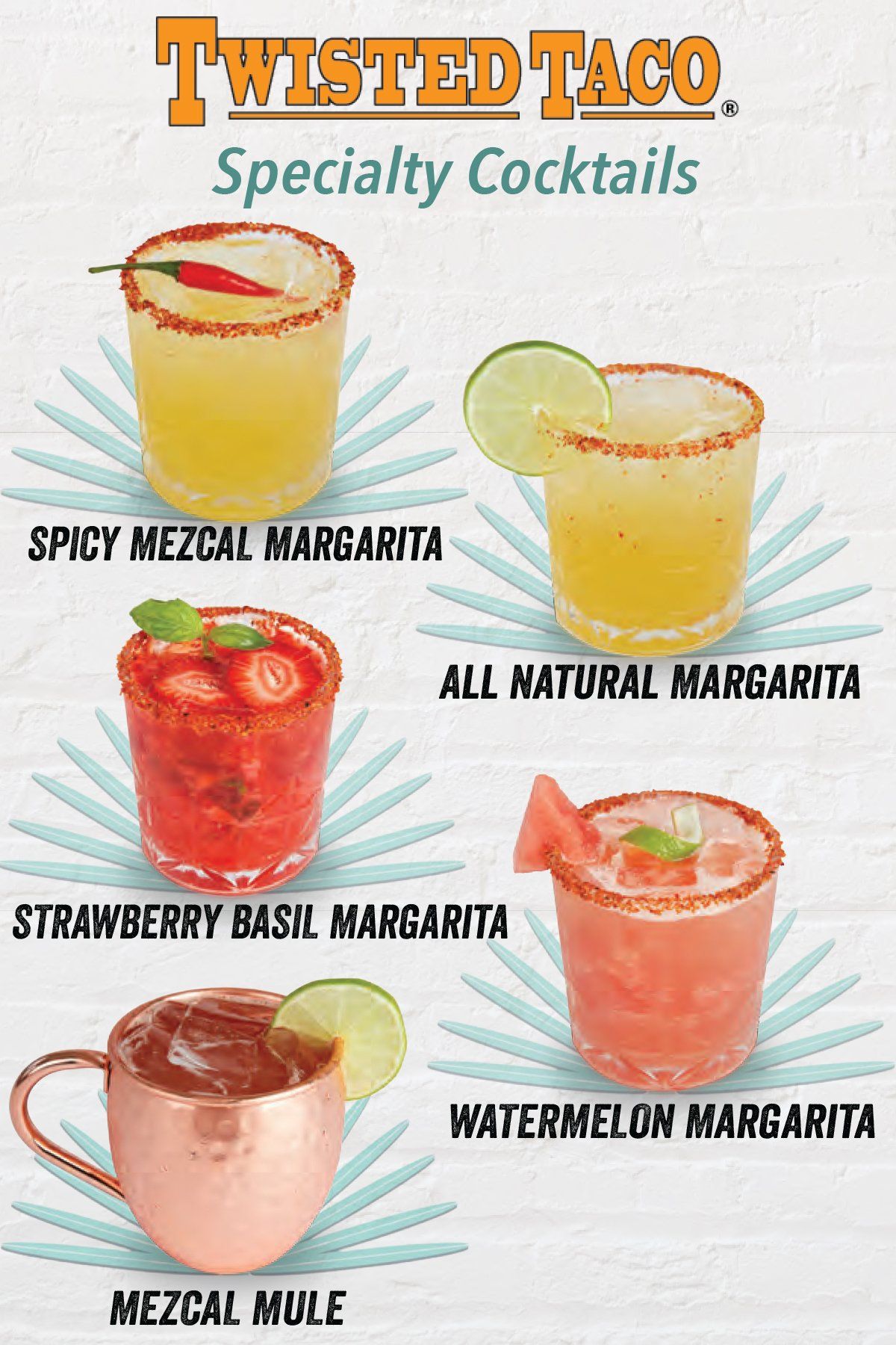 A poster for twisted taco 's specialty cocktails