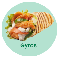 Gyros wrap with lettuce, cucumbers, tomato, and sauce, on a light green background.