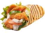 Chicken wrap with lettuce, pickles, and white sauce.