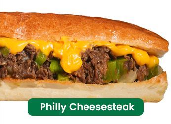 Philly cheesesteak sandwich: sliced beef, melted cheese, green peppers, in a long roll.