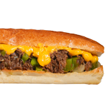 Philly cheesesteak sandwich with melted cheese, steak, and peppers.