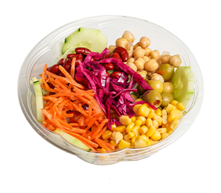 Salad bowl with shredded carrots, red cabbage, corn, chickpeas, and olives.