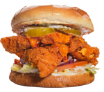 Spicy fried chicken sandwich with pickles, sauce, and lettuce on a bun.