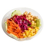 Salad bowl with shredded carrots, red cabbage, chickpeas, corn, olives, and cucumber.