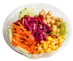 Salad bowl with shredded carrots, red cabbage, chickpeas, corn, olives, and cucumber.