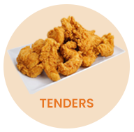 Fried chicken tenders on a white rectangular plate, with 