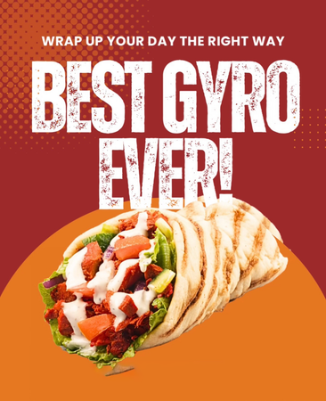 Gyro wrap with tomatoes, lettuce, and white sauce. Text: