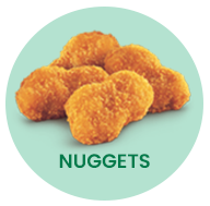 Pile of golden fried chicken nuggets on a light blue background, the word 