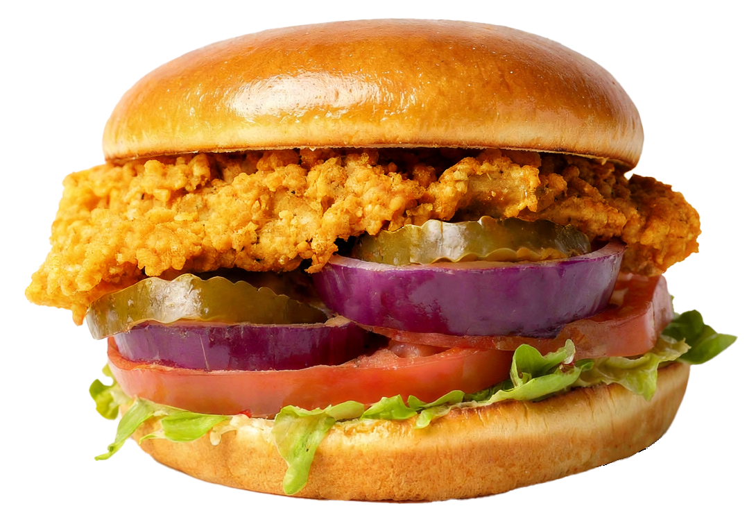 Chicken sandwich on a bun with lettuce, tomato, onion, and pickles.
