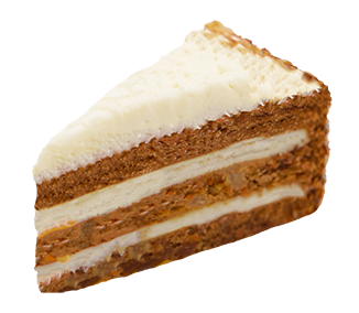 Slice of layered carrot cake with cream cheese frosting.