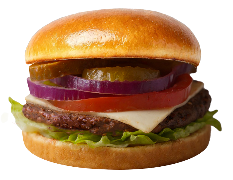 Burger with sesame seed bun, lettuce, patty, cheese, tomato, onion, and pickles.