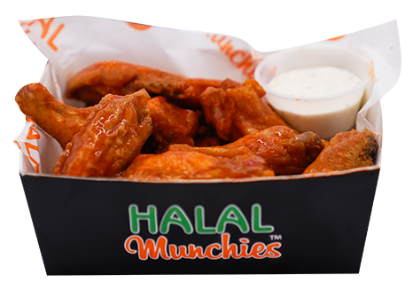 Chicken wings with dipping sauce in a container, labeled 