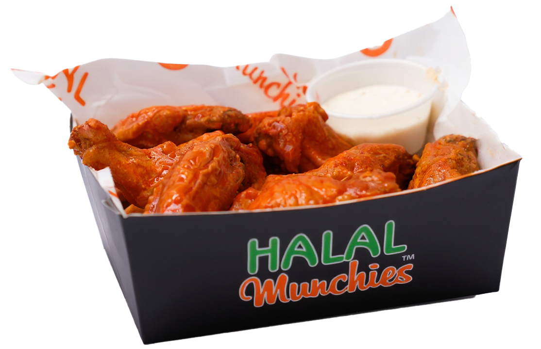Box of halal chicken wings with dipping sauce.